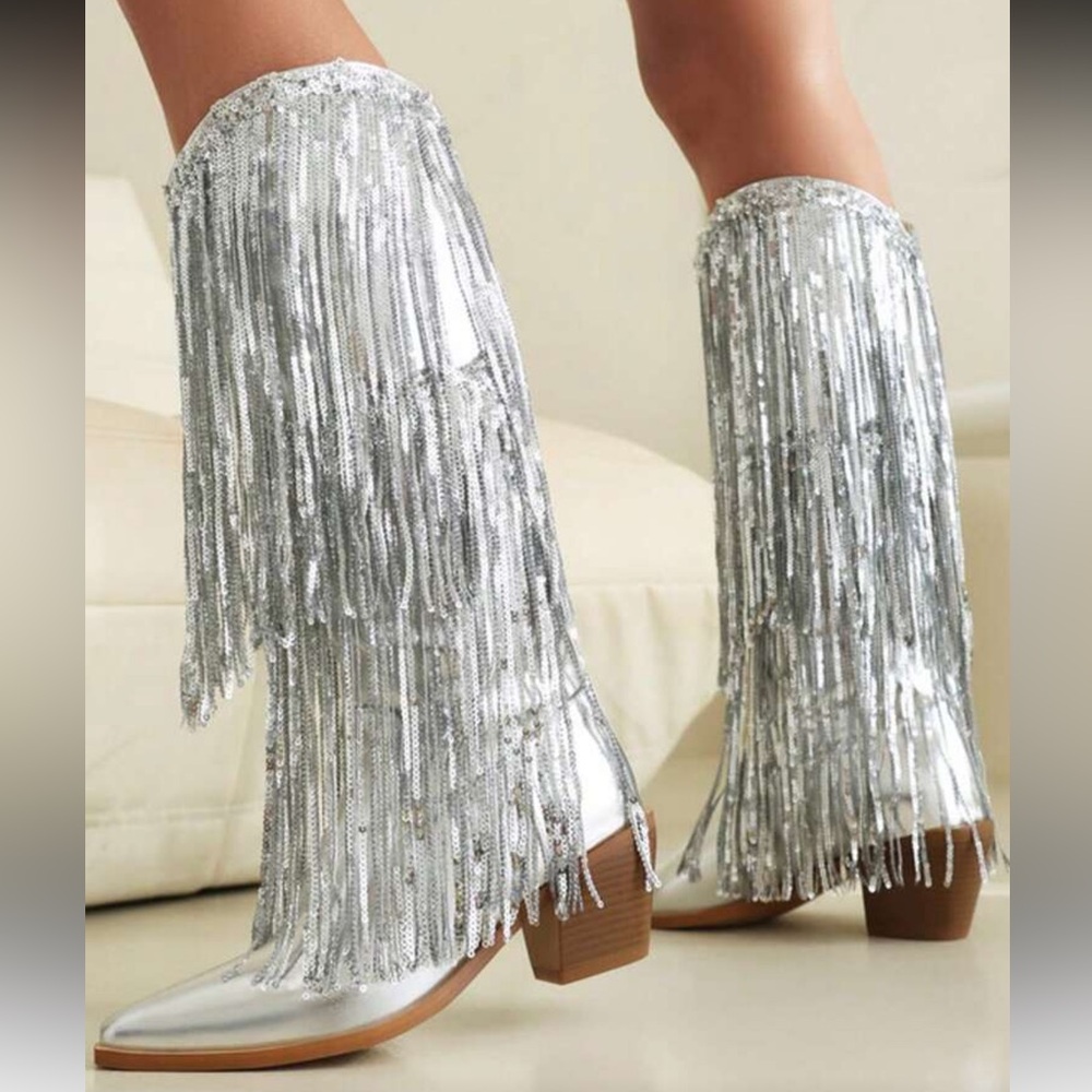 Silver sequin fringe cowboy boots tassels metallic vegan leather western - Picture 4 of 8